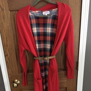 Long red cardigan with pockets